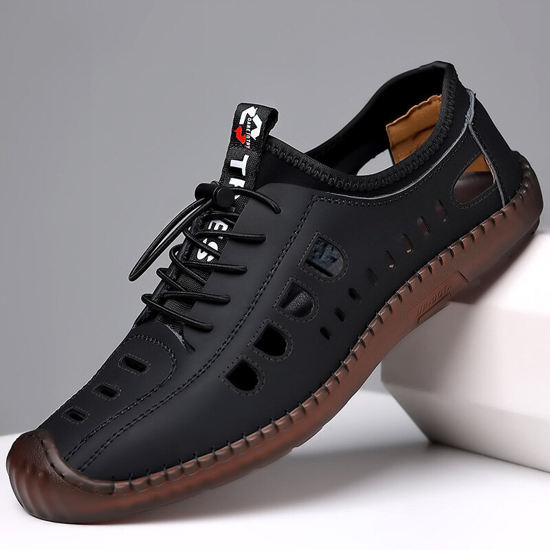 Sandal Kasual Pria Musim Panas Baru Mode Berongga Sepatu Bersirkulasi Sneakers Sol Lunak Bisnis Datar Pria Sandalias Hombre