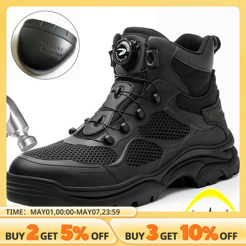 Sapatos de segurança de botão rotativo masculino, tênis de trabalho, sapatos indestrutíveis, botas protetoras à prova de perfuração, dedo do pé de aço