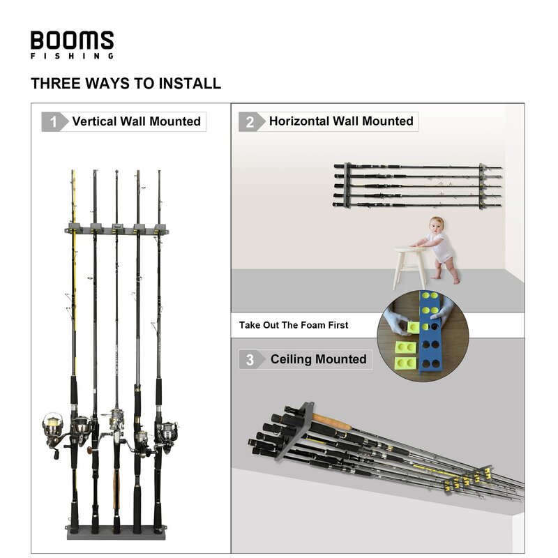 Booms Fishing WV4 batang pemegang hingga 10 batang vertikal dan Horizontal pada dinding melindungi penyimpanan tiang rak alat memancing aksesoris