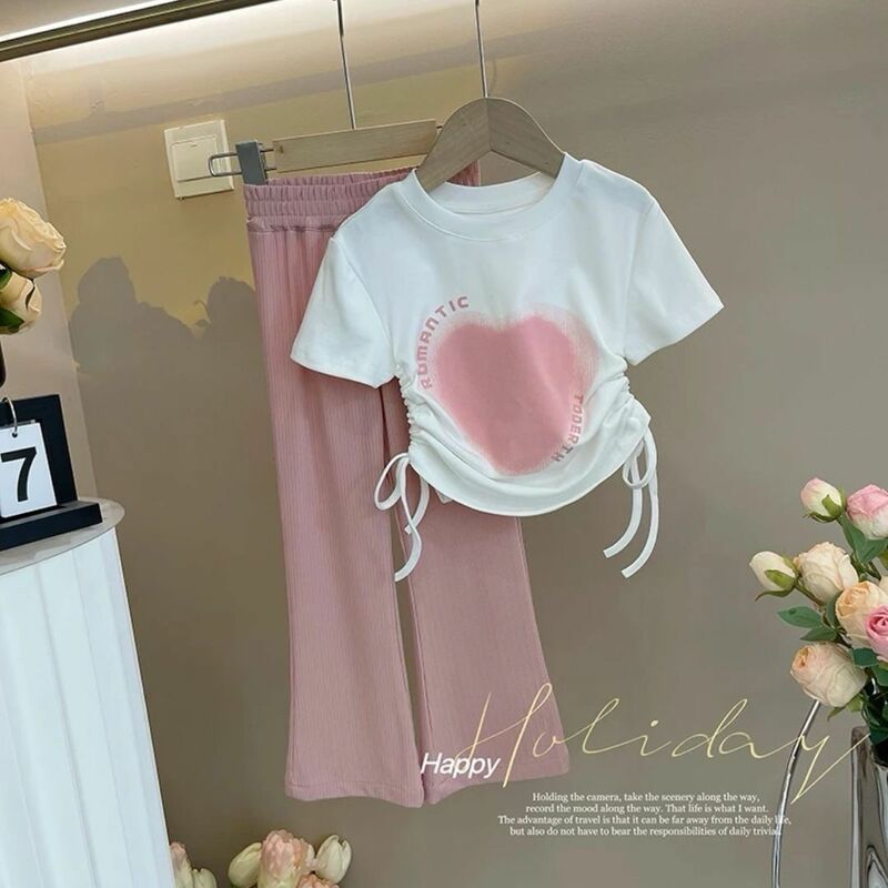 3-12 Years Summer Girls Clothing Set Fashion Big Heart T-shirt +Long Pants 2Pcs Suit For Kids Comfortable Casual Children Outfit