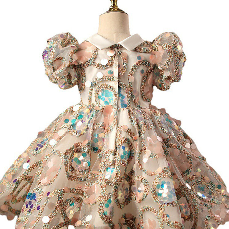 우아한 꽃 소녀 드레스, 짧은 푹신한 소매 공주 스팽글, 아기 여아 생일 드레스의 특별한 케이스에 적합