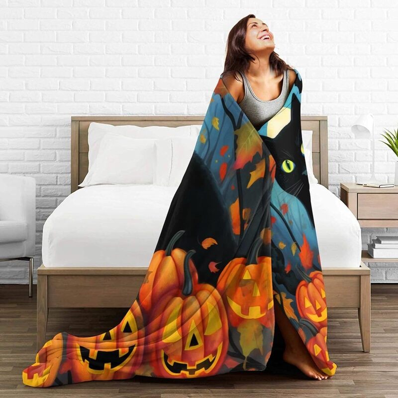 Cobertor Impresso Confortável Gato Preto, Decorativo De Pelúcia Leve, Cobertor elegante do Dia das Bruxas