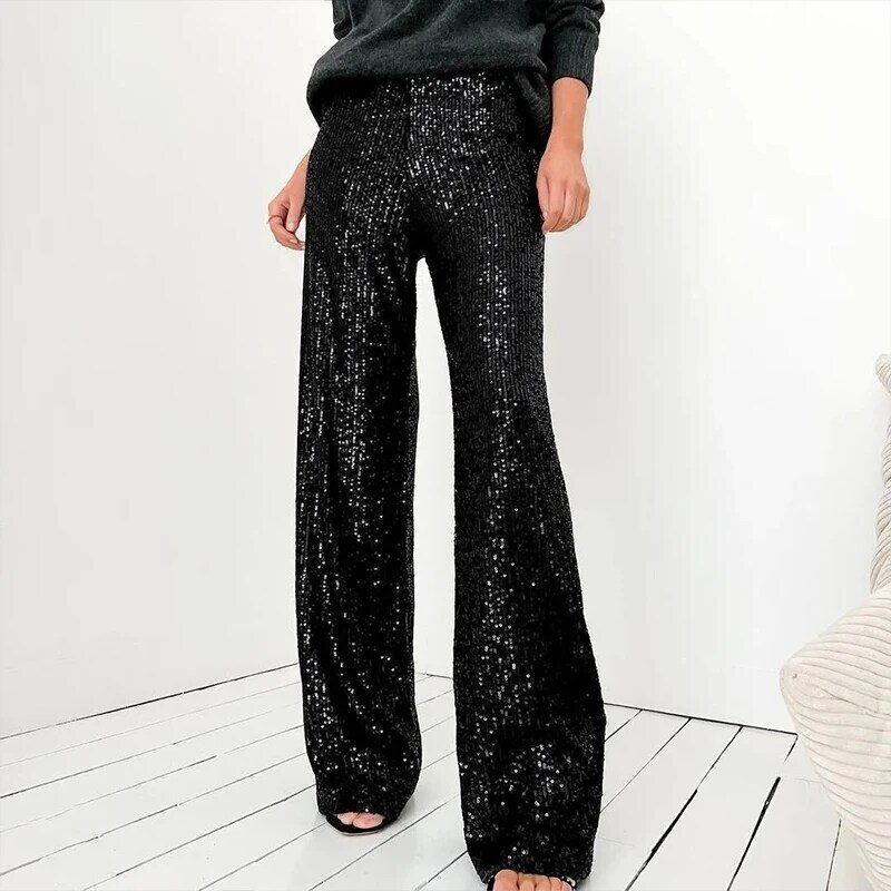 Kobiety modne cekiny proste spodnie błyszczące cekiny Bling spodnie Lady wysoki stan imprezowe stroje wieczorowe Streetwear Y2K spodnie