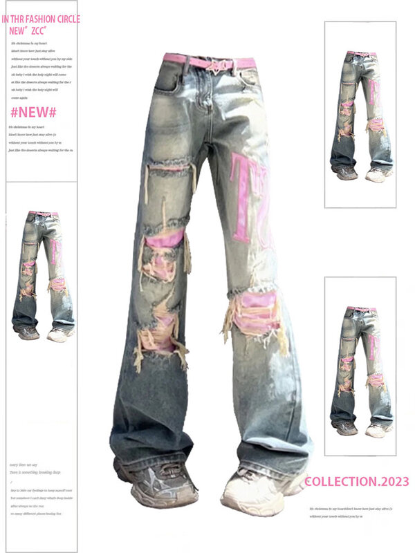 Pantalones vaqueros rasgados Vintage para mujer, holgados de Vaqueros cintura alta, ropa de calle coreana Y2k, pantalones Punk de pierna ancha, 2000s