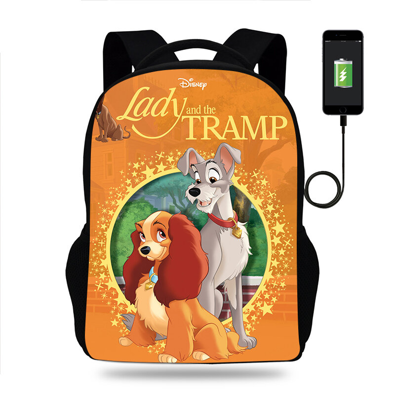 디즈니 레이디 앤 더 트램프 배낭 남녀공용 학교 가방, 십대 책가방, USB 여행 배낭, Mochila