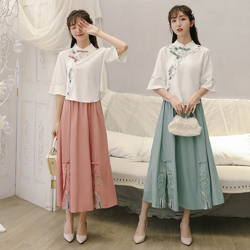 Yourqipao Summer 2023 Improved Cheongsam Retro Kawaii Young Girls Hanfu Suit Han Element Chinese Style Hanfu Dress for Women