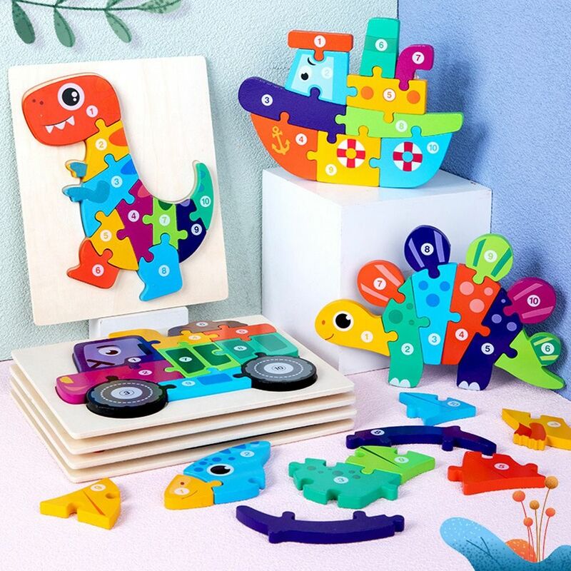 Dinosaur 3D Vehicle Wooden Puzzle, Number Shape Matching Jigsaw, Toy Educação Infantil para Crianças, Jogo de Inteligência, Navio