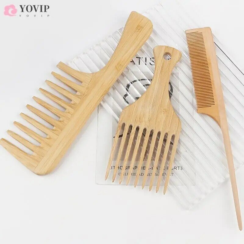Pente de cabelo de madeira de bambu natural para mulheres, garfo africano antiestático, dente largo redondo, pente de madeira, 1pc