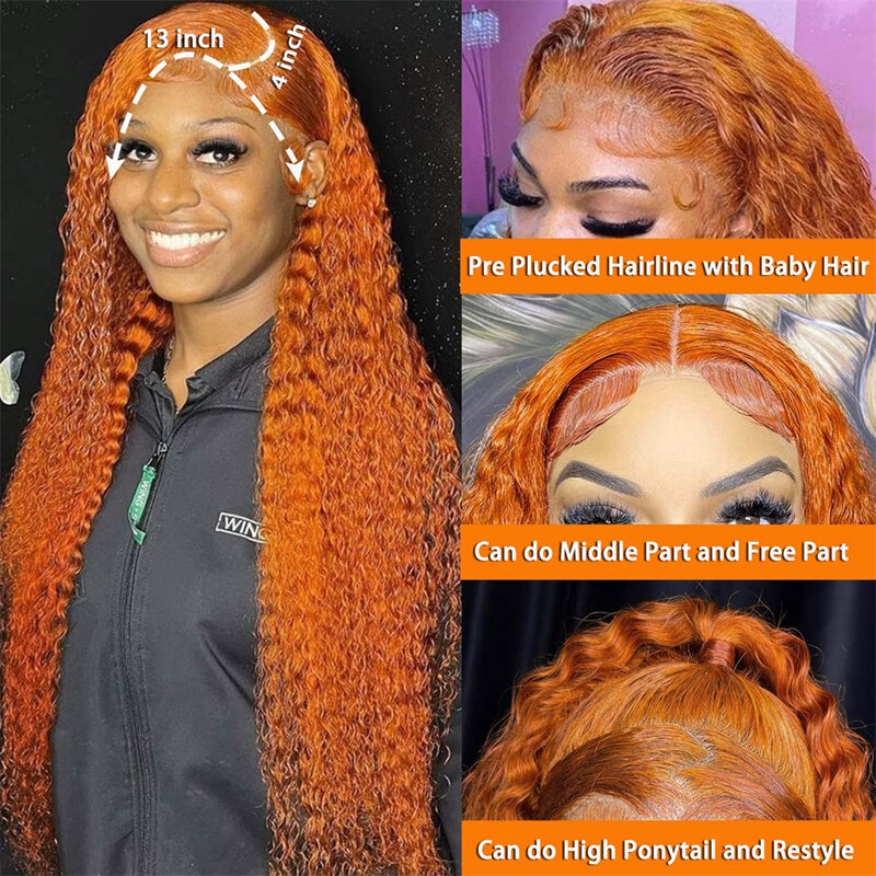 Onda profunda do laço peruca frontal para as mulheres, peruca frontal encaracolada, cabelo humano remy, gengibre laranja, 30 ", 13x6, 13x4, HD, novo