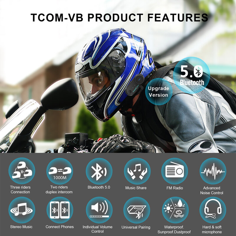 Freedconn-T Com VB Motocicleta Intercom Capacete Headset, Bluetooth Headphone, BT 5.0, FM Music Share, Grupo Intercomunicador, 6 Cavaleiros
