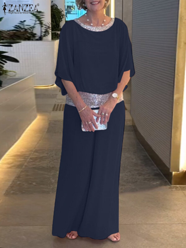 Костюм спортивный ZANZEA женский из 2 предметов, элегантный комплект из блузки с коротким рукавом и брюк с широкими штанинами, лето 2024