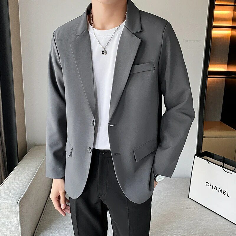 Jaket Blazer kasual pria, Blazer bisnis Formal Korea longgar hitam abu-abu Khaki klasik