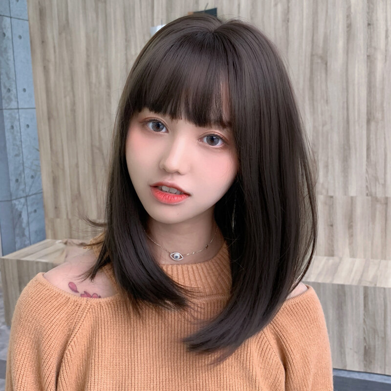 7JHH WIGS Shoulder Length Straight Dark Brown Wig for Women Daily Use High Density Synthetic Black Tea Hair Wigs with Air Bangs