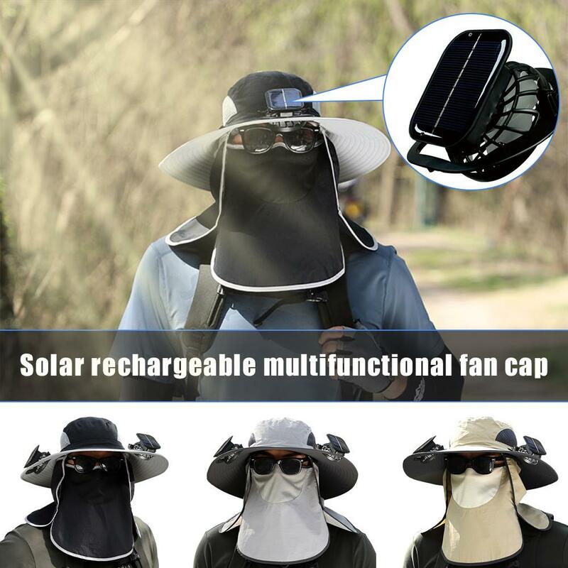 Chapéu de sol de aba larga para homens, máscara removível, 2 ventilador solar, chapéus de pesca, guarda-sol protetor externo omni direcional