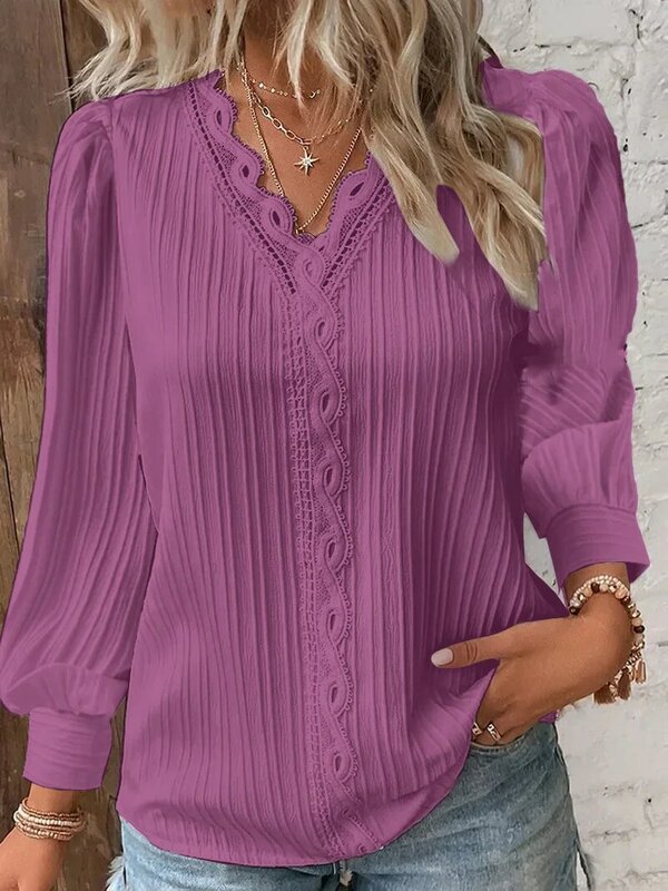 Women Hollow Out V Neck Pullover Blouse Elegant Solid Color Pitted Stripes Shirt Autumn Long Sleeve Casual Commuter Female Tops
