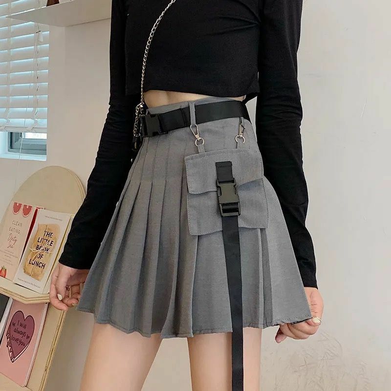 Mini-saia plissada de cintura alta feminina com bolso, preta, versátil, linha A, forro curto, workwear fino, Y2k, novo, verão