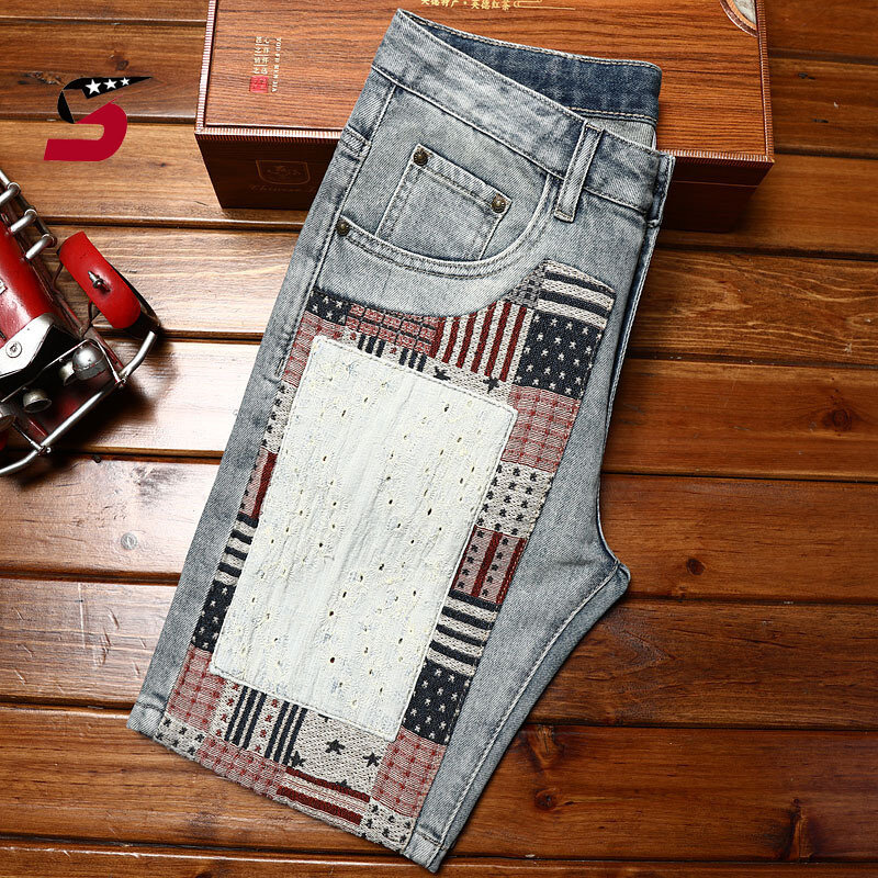 Shorts jeans retrô masculino, elástico fino, motocicletas de rua, tendências estilo coreano, moda de personalidade, verão
