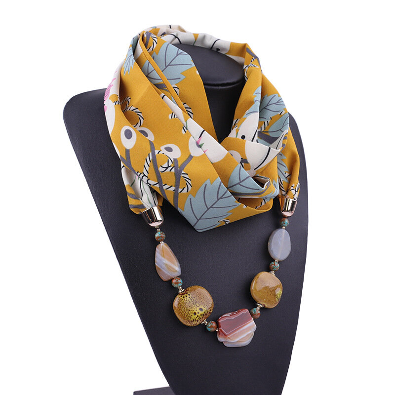 Bufanda de gasa estampada para mujer, collar con colgante bohemio, accesorios para Hijab