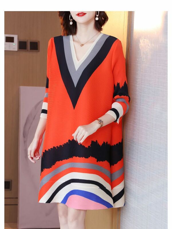 V 넥 프린트 3 분기 소매 루즈핏 드레스 여성용, 봄 신상품