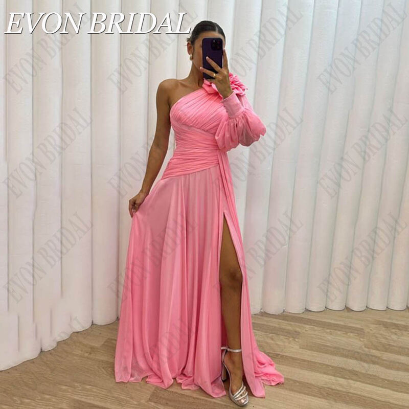 EVON-vestidos de novia de gasa Rosa árabe para mujer, vestido de graduación elegante, un hombro, Dubai, una línea, fiesta de noche dividida, Formal, largo hasta el suelo Árabe vestidos de fiesta de gasa rosa elegante