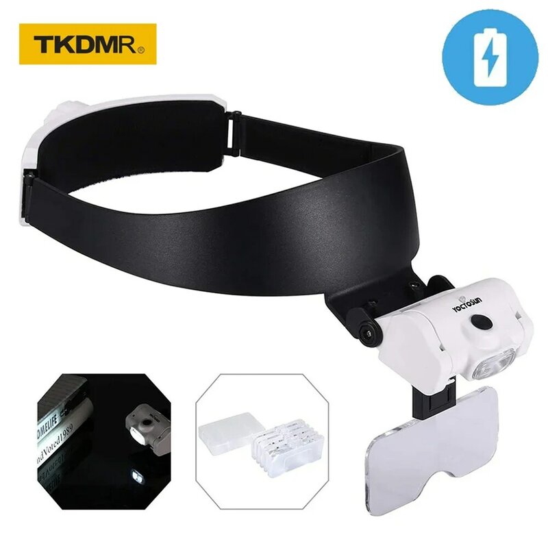 TKDMR-Diadema recargable por USB, lupa de gafas multifuncional, lupa iluminada con 2Led, 5 lentes reemplazables