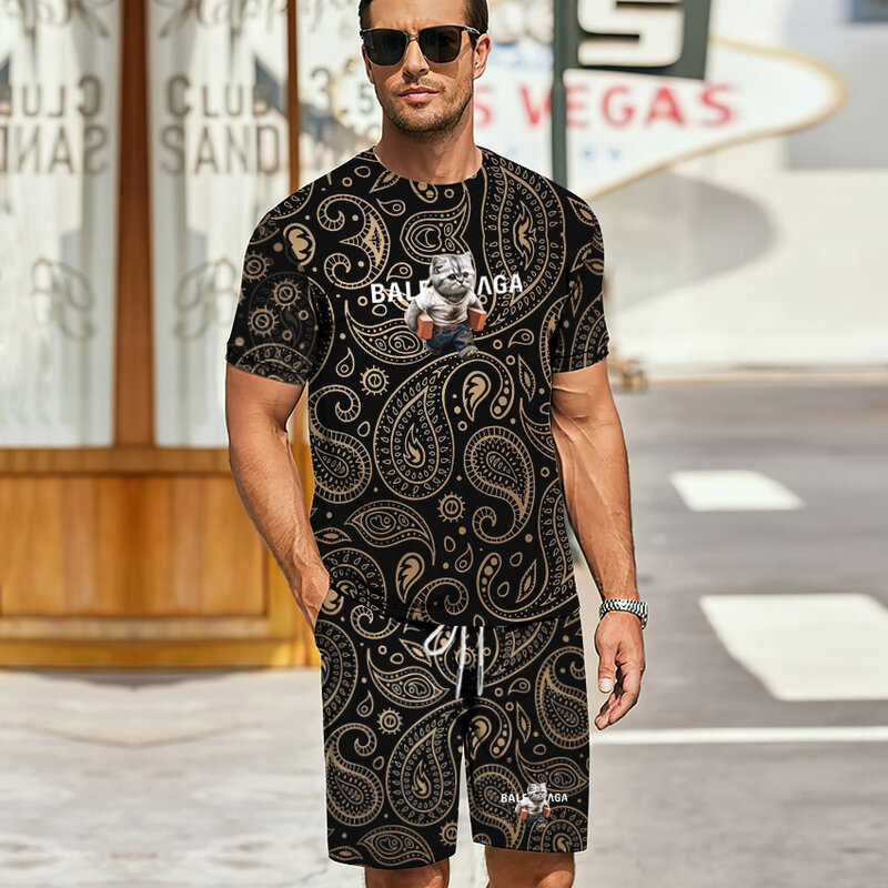 Camiseta de manga curta masculina com moletom, terno casual esportivo de corrida, moda verão, 2 peças, 2024