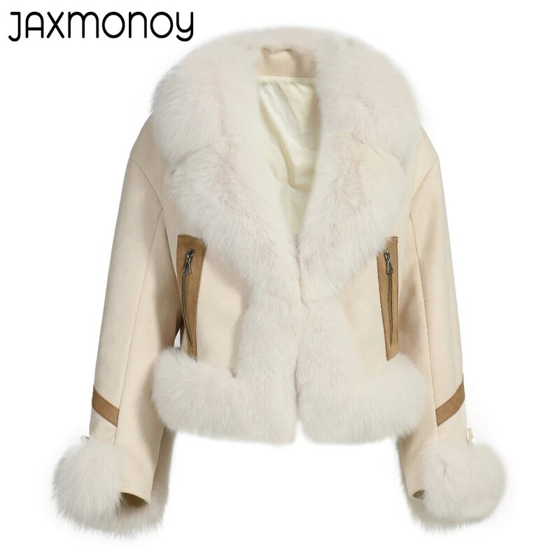 Jaxmonoy Winter Echt Fuchs Pelz Mantel 2022 Neue Stil Damen Warme Weiße Ente Unten Jacke Mode Feste Vollen Ärmeln Oberbekleidung weibliche