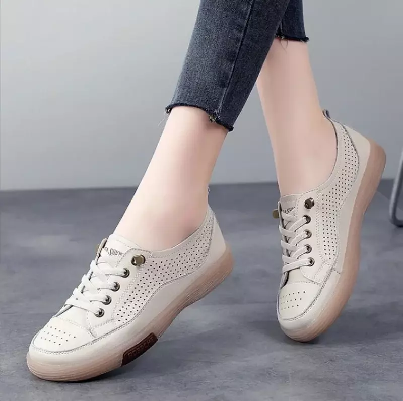 Damskie płaskie buty letnie oddychające wycięcie obuwie damskie miękkie dno oryginalne skórzane mieszkania białe buty kobieta