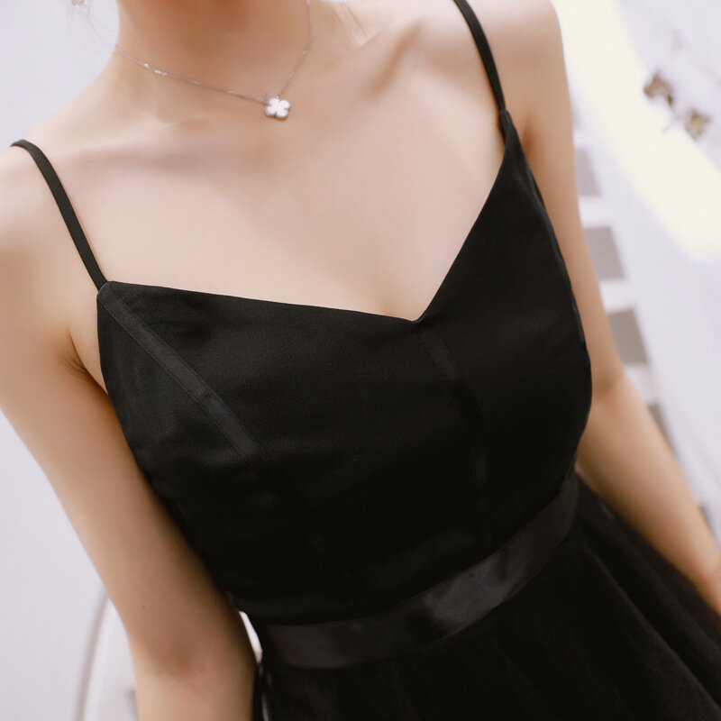 Summer New Low-Cut V-neck Dress Women's Stitching Mesh Suspenders Black Dress Cake Skirt Backless Dress