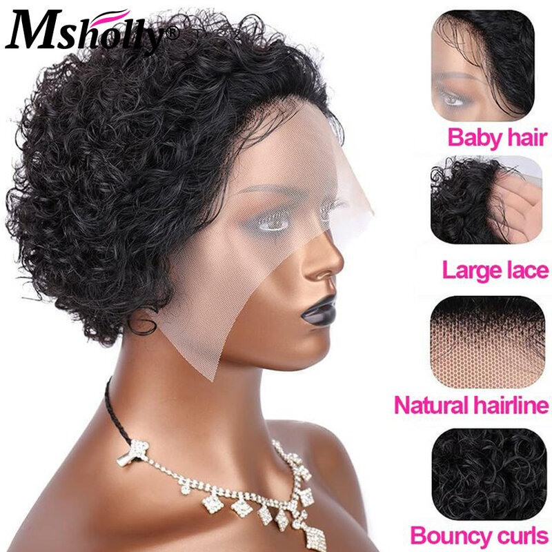 Pelucas de cabello humano rizado de corte Pixie para mujer, pelucas frontales de encaje transparente HD 13x1, línea de cabello Natural prearrancada, pelucas Remy brasileñas
