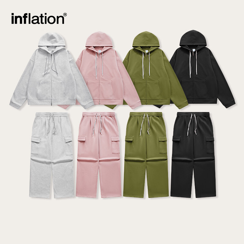 INFLATION Set jaket bertudung uniseks, setelan olahraga ukuran besar 2023 celana kargo merah muda trendi dan jaket bertudung untuk pria