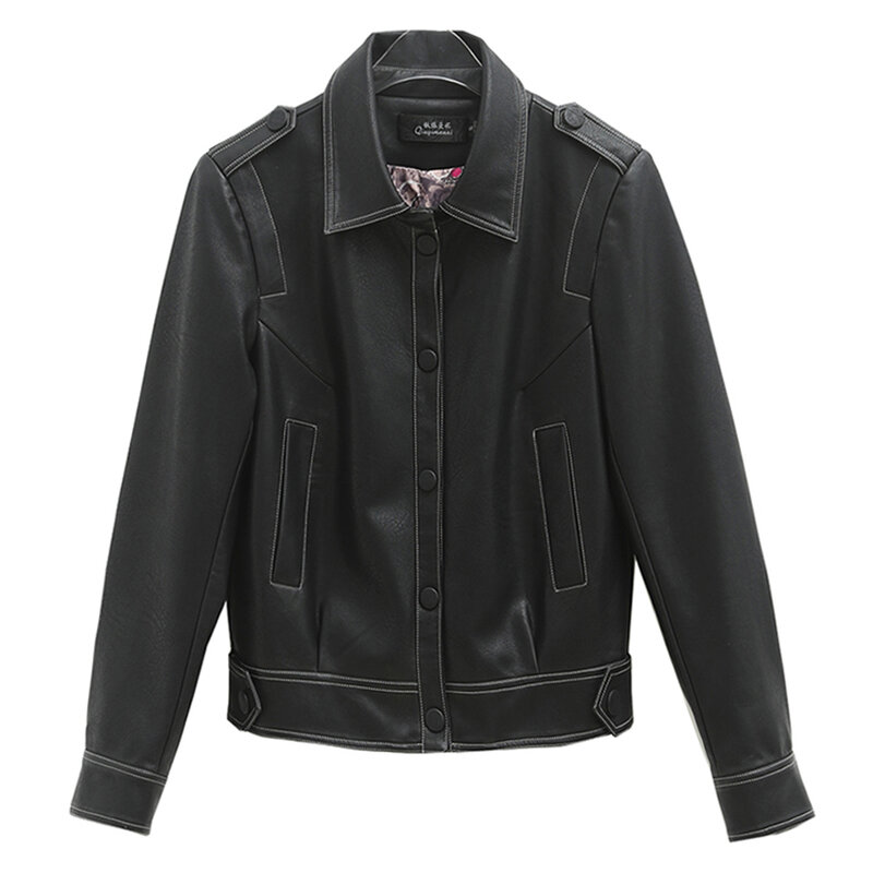 New Women Small Leather Jacket Casual Fashion Moto & Biker Style Shirt Collar Sheepskin Short Coat Split Leather Slim Outerwear