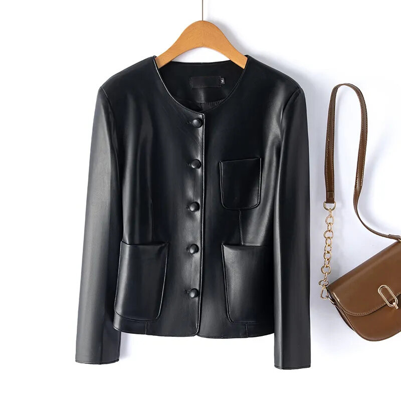 여성용 짧은 진짜 가죽 코트, 세련된 O-넥 싱글 브레스트, 오피스 레이디 슬림 포켓 재킷, 패션