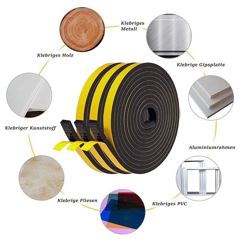 Self Adhesive Foam Tape Door Window Seal Door Draught Excluder Weatherstripping, 6Mm Wide X 3Mm Thick 3 Pcs Each