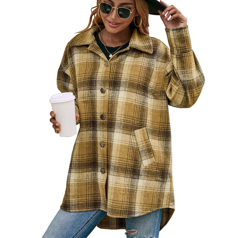 Camisa xadrez de caxemira de peito único, jaqueta casual solta, top de comprimento médio, versátil, macio e confortável