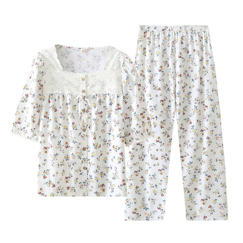 Женская Хлопковая пижама с французским кружевом и цветочным принтом, комплект из двух предметов: топ с коротким рукавом и брюки, летняя одежда для сна