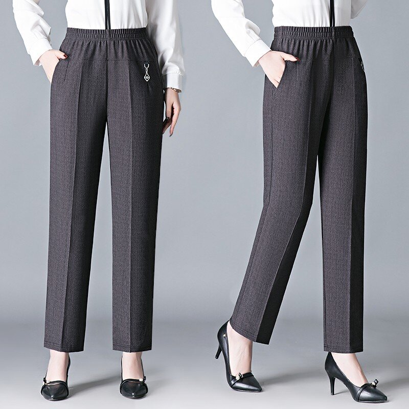 Spodnie dla kobiet w średnim wieku luźne spodnie w stylu Vintage wiosna lato kobiety moda na co dzień elastyczny, wysoki talia proste spodnie