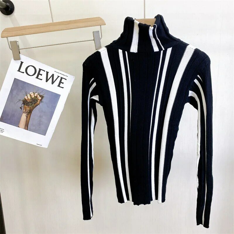 세로 줄무늬 보터밍 풀오버 컬러 블로킹 니트 하이 카라 스웨터, 슬림 두꺼운 탑 겨울 타이트 셔츠