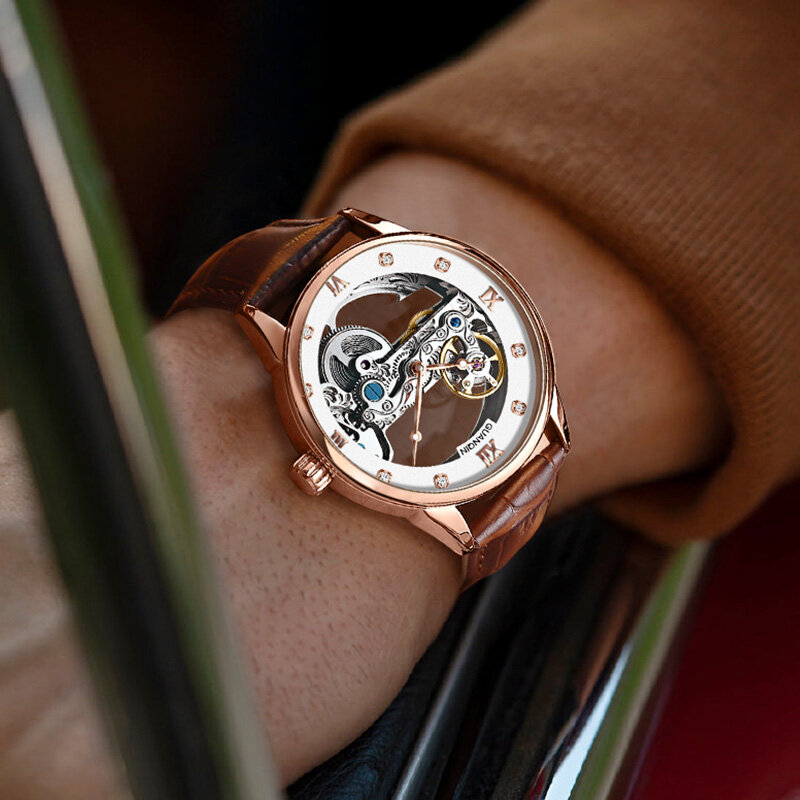 GUANQIN orologio meccanico di lusso di marca per uomo conchiglia in acciaio con quadrante scavato orologi da uomo in acciaio inossidabile orologio da uomo impermeabile