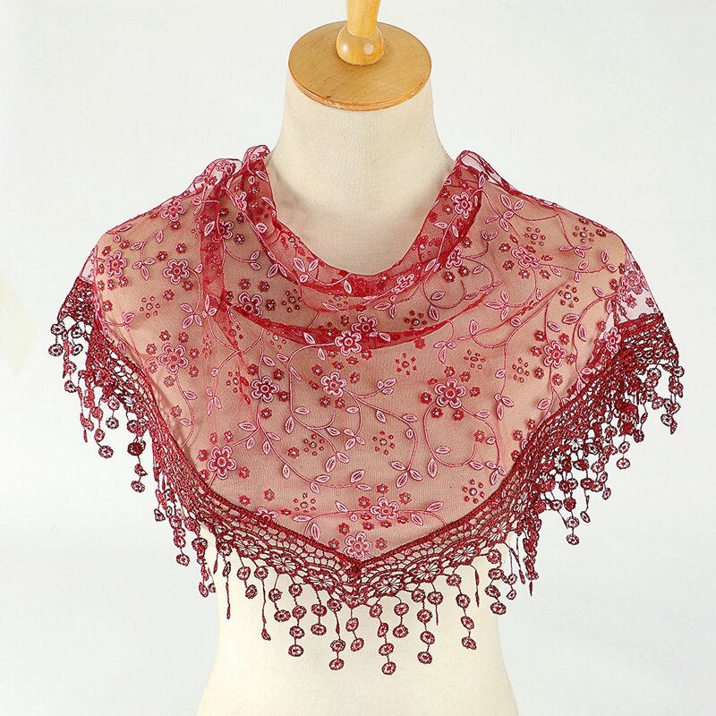 Bufanda de encaje con borlas para mujer, pañuelo triangular transpirable, chales con borlas, turbante transparente para primavera y verano