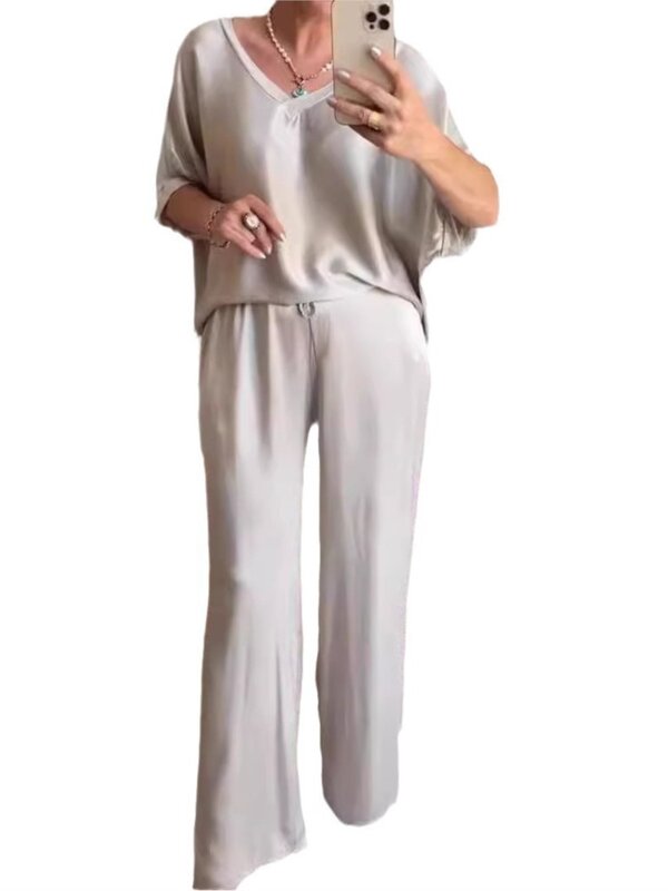 Letnie satynowe spodnie w jednolitym kolorze damskie modne luźne damskie krótkie rękawy z dekoltem w szpic spodnie z szerokimi nogawkami dwuczęściowy zestaw
