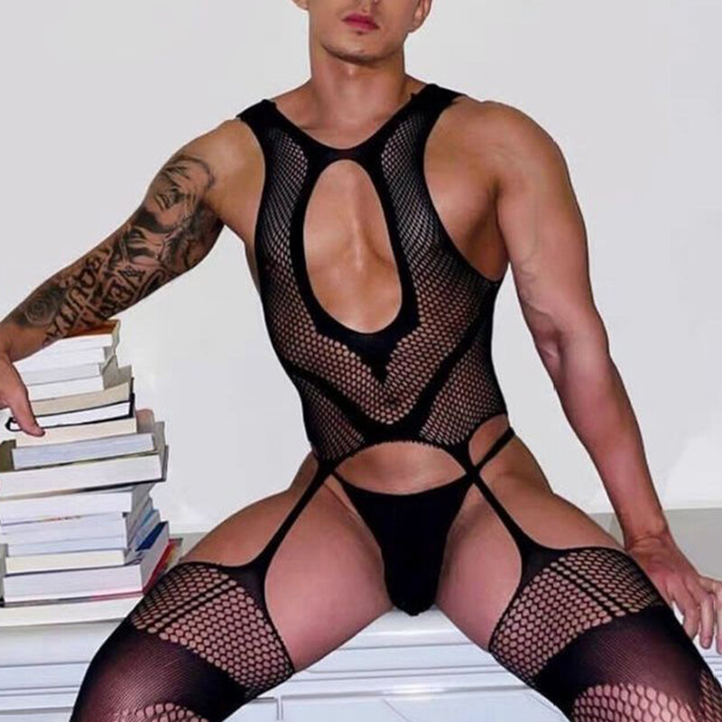 Erotic Crotchless Lingerie uomo calze nere calze a rete alte collant Sexy maglia LGBT Bodystockings uomo tuta tuta