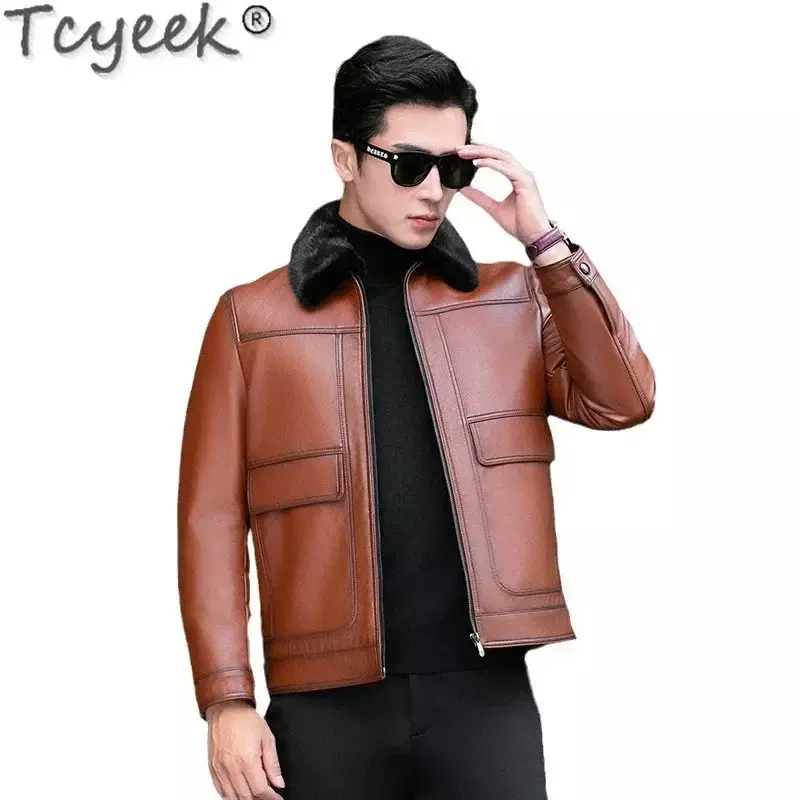 Tcyeek-abrigos de piel Natural para hombre, chaquetas gruesas y cálidas de piel auténtica, abrigo corto de piel de vaca, cuello de piel de visón, ropa de invierno