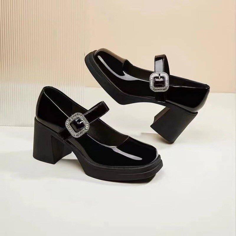 Sapatos Mary Jane plataforma retrô para mulheres, couro envernizado grosso, fivela de cristal de linha única, salto alto, sapato único, novo, primavera