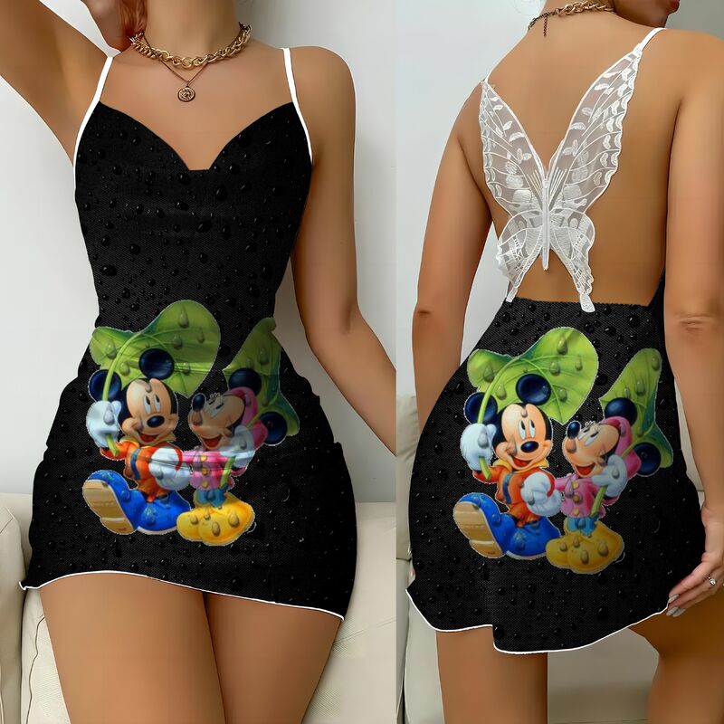 Gaun punggung terbuka untuk wanita, gaun rok piyama permukaan Satin Mickey Minnie Mouse Disney dengan pita kupu-kupu, Gaun Mode Musim Panas 2024, pesta Mini seksi untuk wanita
