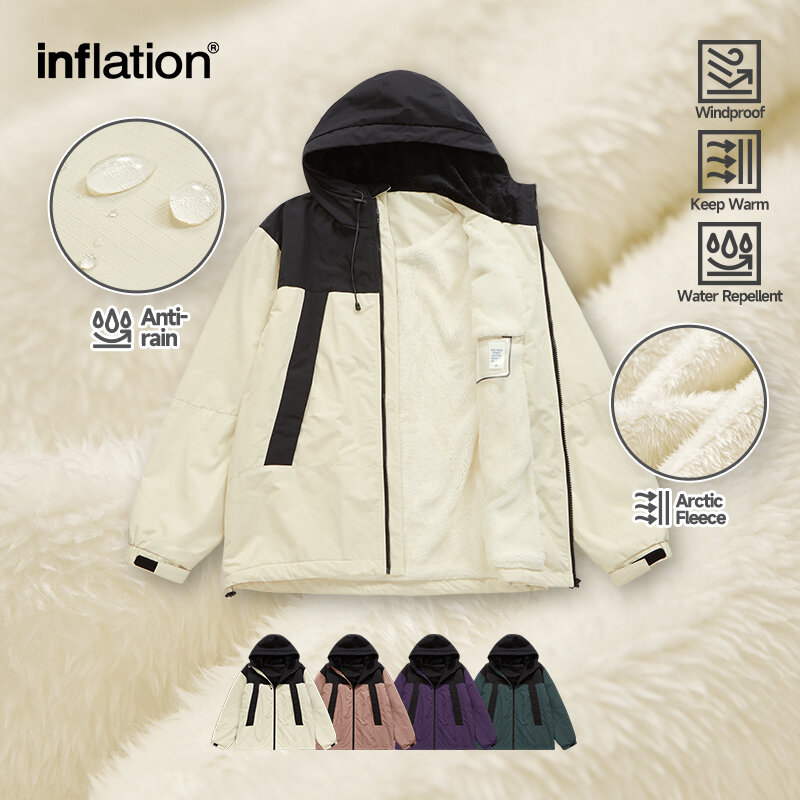 Inflação-veludo acolchoado jaqueta com capuz para homens e mulheres, pescoço alto, windproof, algodão, ao ar livre, inverno