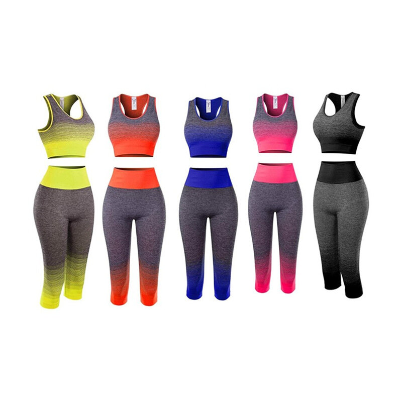 Women's Super Stretch Seamless Gradient Color Sports Bra Cropped Pants Fitness Wear Yoga Wear Set