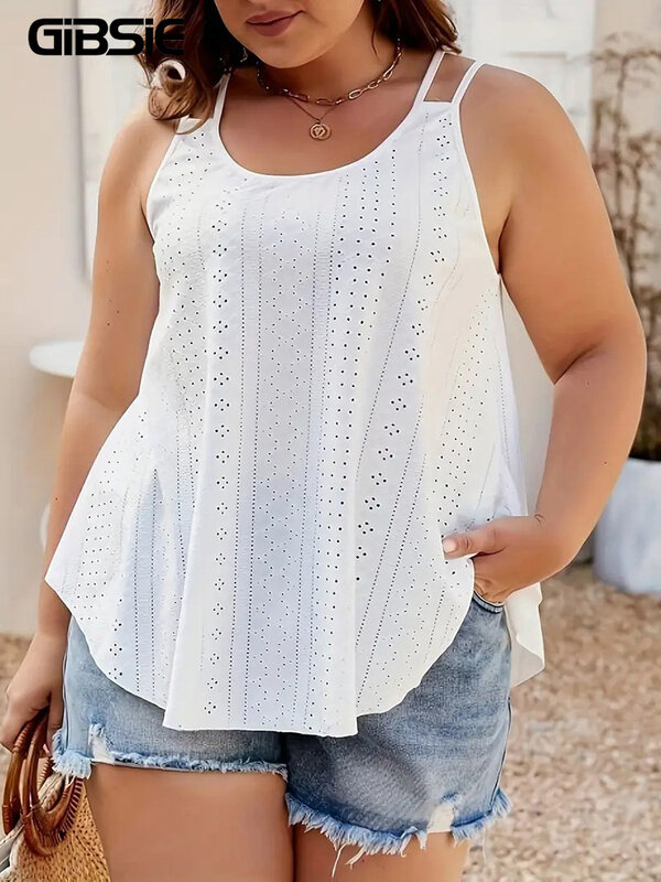 GIBSIE Plus Size White Round Neck Sleeveless Cami Top Women's Summer Hollow Out Blouses Female Casual Loose Large Size Clothing