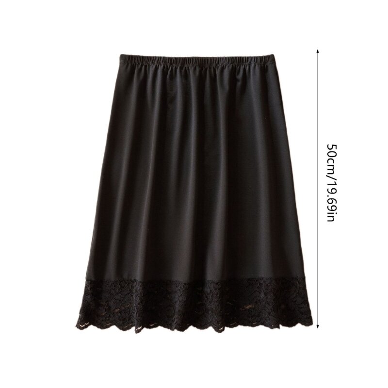 Women Knee Length Half Slip Underskirt Elastic Waist Solid Color Lace Trim Petticoat Basic Half Skirt for Under Dresses
