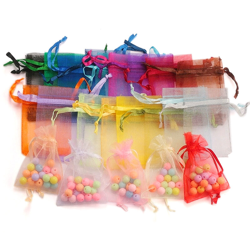Lote de 100 bolsas de Organza con cordón, bolsitas de 5x7cm,7x9cm,9x12cm para dulces, regalos, embalaje de joyería